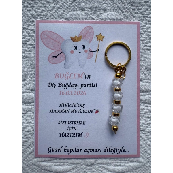 48 Adet Pembe Kanatlı Diş Perisi Temalı Beyaz Anahtarlık İsme Özel İlk Dişim Çıktı Diş Partisi Diş Buğdayı Hatırası Hediyelik