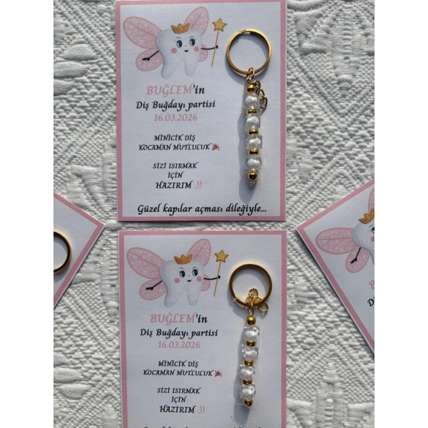 48 Adet Pembe Kanatlı Diş Perisi Temalı Beyaz Anahtarlık İsme Özel İlk Dişim Çıktı Diş Partisi Diş Buğdayı Hatırası Hediyelik