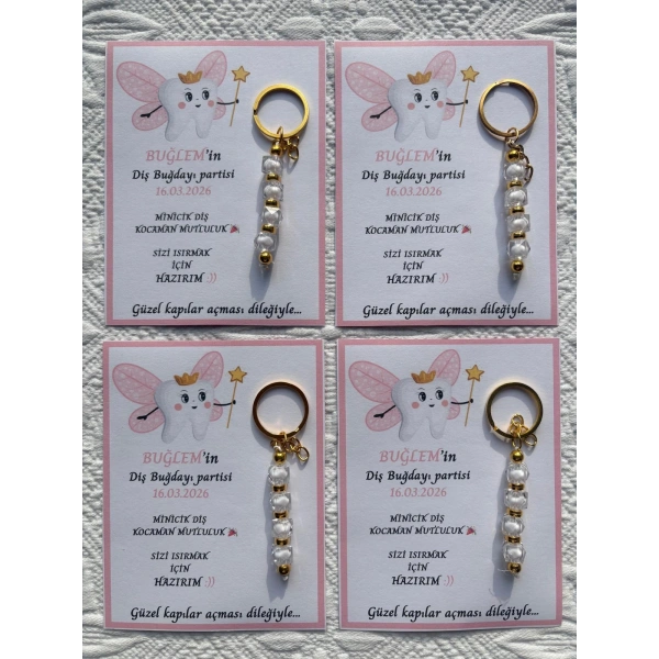 48 Adet Pembe Kanatlı Diş Perisi Temalı Beyaz Anahtarlık İsme Özel İlk Dişim Çıktı Diş Partisi Diş Buğdayı Hatırası Hediyelik