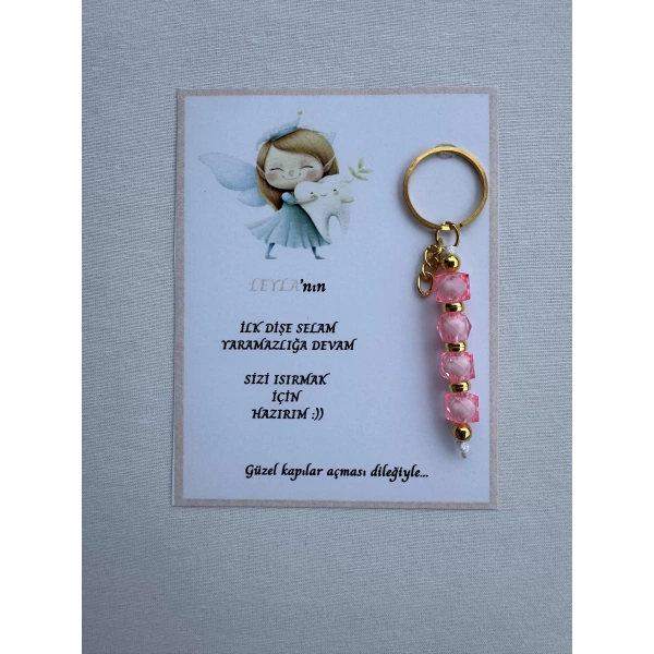 100 Adet Pembe Renk İsme Özel İlk Dişim Çıktı Diş Partisi Diş Buğdayı Hatırası Hediyelik Anahtarlık
