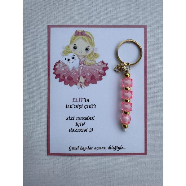 100 Adet Pembe Renk İsme Özel İlk Dişim Çıktı Diş Partisi Diş Buğdayı Hatırası Hediyelik Anahtarlık