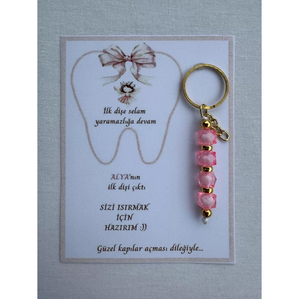 48 Adet Pembe Renk İsme Özel İlk Dişim Çıktı Diş Partisi Diş Buğdayı Hatırası Hediyelik Anahtarlık