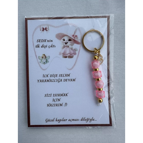 24 Adet Pembe Renk İsme Özel İlk Dişim Çıktı Diş Partisi Diş Buğdayı Hatırası Hediyelik Anahtarlık