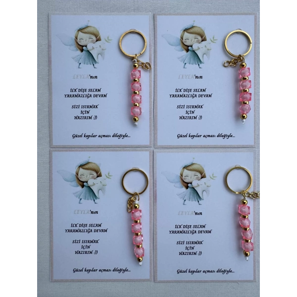 100 Adet Pembe Renk İsme Özel İlk Dişim Çıktı Diş Partisi Diş Buğdayı Hatırası Hediyelik Anahtarlık