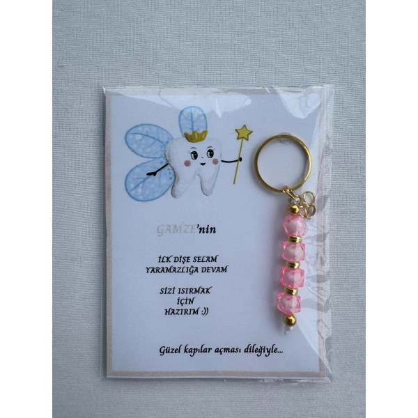 100 Adet Pembe Renk İsme Özel İlk Dişim Çıktı Diş Partisi Diş Buğdayı Hatırası Hediyelik Anahtarlık