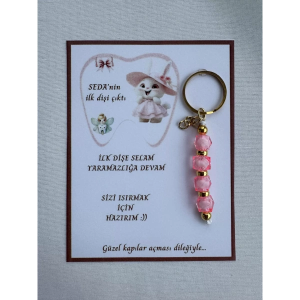 24 Adet Pembe Renk İsme Özel İlk Dişim Çıktı Diş Partisi Diş Buğdayı Hatırası Hediyelik Anahtarlık