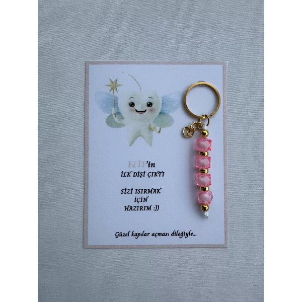 100 Adet Pembe Renk İsme Özel İlk Dişim Çıktı Diş Partisi Diş Buğdayı Hatırası Hediyelik Anahtarlık