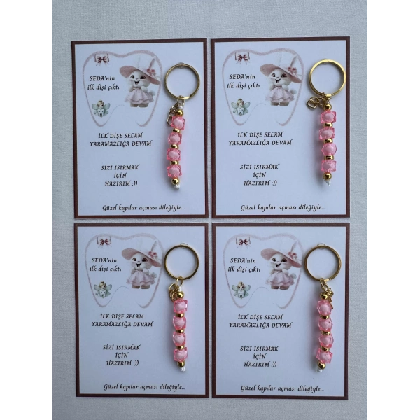 24 Adet Pembe Renk İsme Özel İlk Dişim Çıktı Diş Partisi Diş Buğdayı Hatırası Hediyelik Anahtarlık