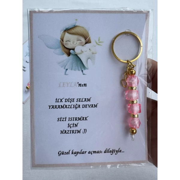 100 Adet Pembe Renk İsme Özel İlk Dişim Çıktı Diş Partisi Diş Buğdayı Hatırası Hediyelik Anahtarlık