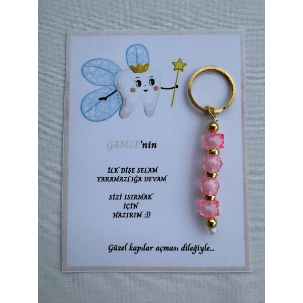 100 Adet Pembe Renk İsme Özel İlk Dişim Çıktı Diş Partisi Diş Buğdayı Hatırası Hediyelik Anahtarlık