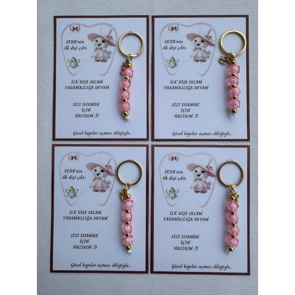 24 Adet Pembe Renk İsme Özel İlk Dişim Çıktı Diş Partisi Diş Buğdayı Hatırası Hediyelik Anahtarlık