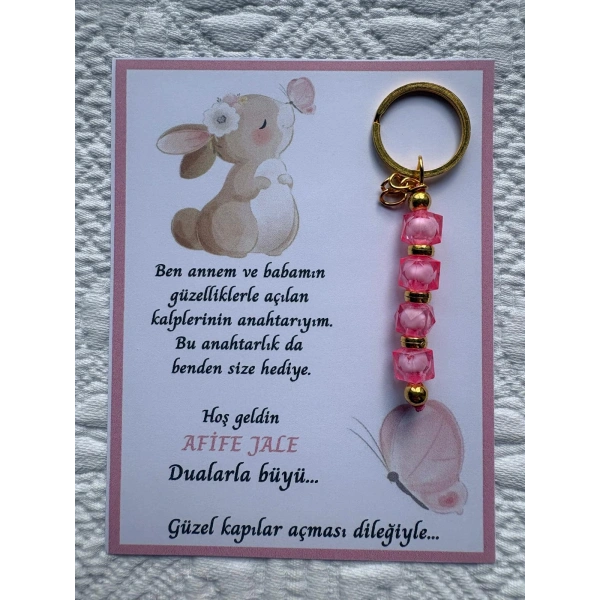 100 Adet Tavşan Temalı İsme Özel Tasarım Pembe Anahtarlık Hastane Yeni Doğan 40 Mevlidi Hediyelik