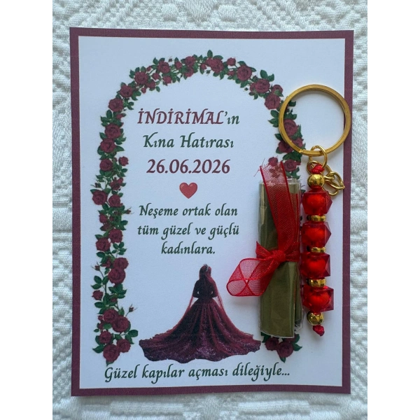 24 Adet Tesettür Temalı Özel Tasarım Kına Hatırası Dağıtmalık Hediyelik Kırmızı Anahtarlık ve Paketlenmiş Kına