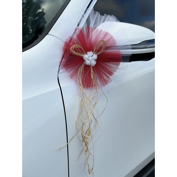 30 Adet Beyaz Kırmızı Kristal Tül Beyaz Latex Gül Doğal Rafya Detaylı Düğün Nikah Kına Sünnet Konvoy Süsü