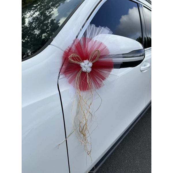 30 Adet Beyaz Kırmızı Kristal Tül Beyaz Latex Gül Doğal Rafya Detaylı Düğün Nikah Kına Sünnet Konvoy Süsü