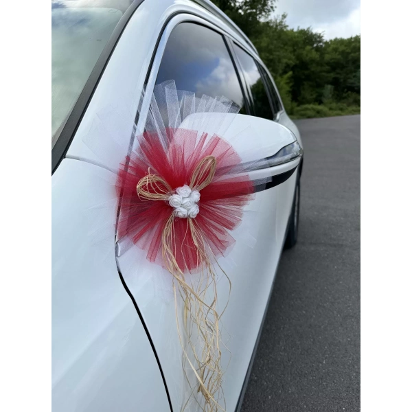 30 Adet Beyaz Kırmızı Kristal Tül Beyaz Latex Gül Doğal Rafya Detaylı Düğün Nikah Kına Sünnet Konvoy Süsü