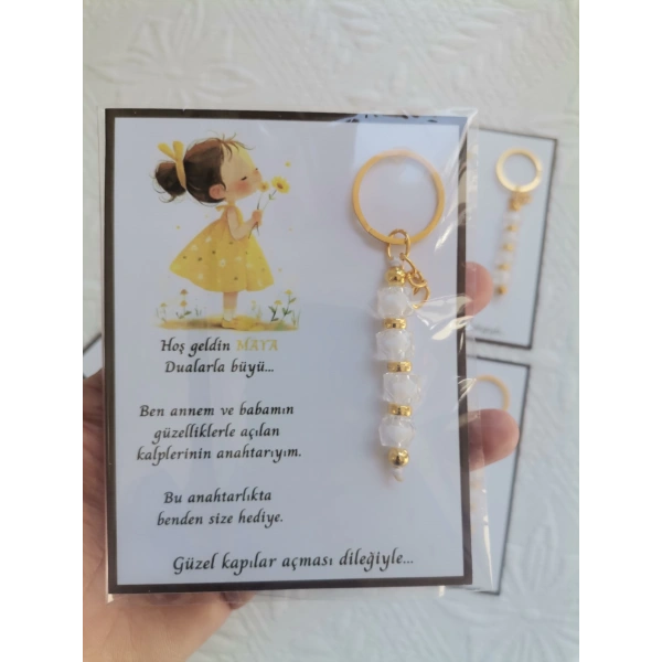 100 Adet İsme Özel Tasarım Beyaz Anahtarlık Hastane Yeni Doğan 40 Mevlidi Dağıtmalık Hediyelik