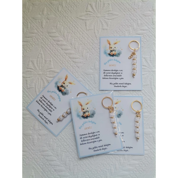 32 Adet İsme Özel Tasarım Beyaz Anahtarlık Hastane Yeni Doğan 40 Mevlidi Dağıtmalık Hediyelik