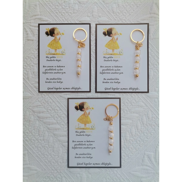 100 Adet İsme Özel Tasarım Beyaz Anahtarlık Hastane Yeni Doğan 40 Mevlidi Dağıtmalık Hediyelik