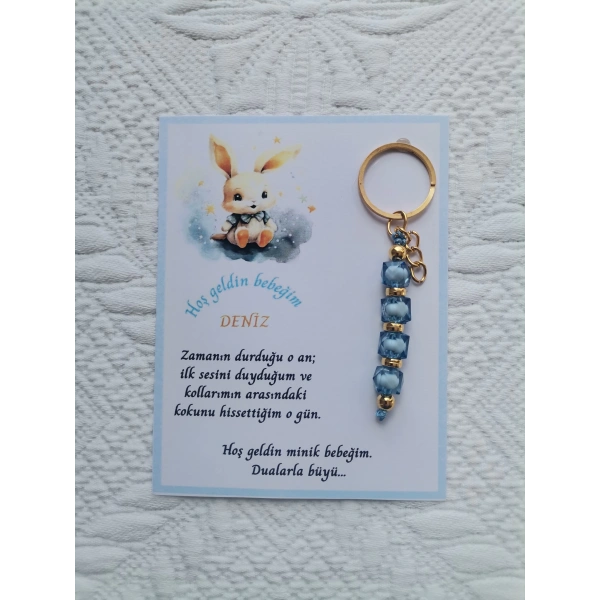 52 Adet İsme Özel Tasarım Mavi Anahtarlık Hastane Yeni Doğan 40 Mevlidi Dağıtmalık Hediyelik