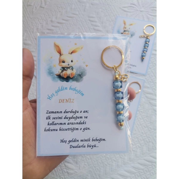 52 Adet İsme Özel Tasarım Mavi Anahtarlık Hastane Yeni Doğan 40 Mevlidi Dağıtmalık Hediyelik
