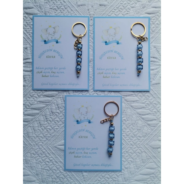 52 Adet İsme Özel Tasarım Mavi Anahtarlık Hastane Yeni Doğan 40 Mevlidi Dağıtmalık Hediyelik