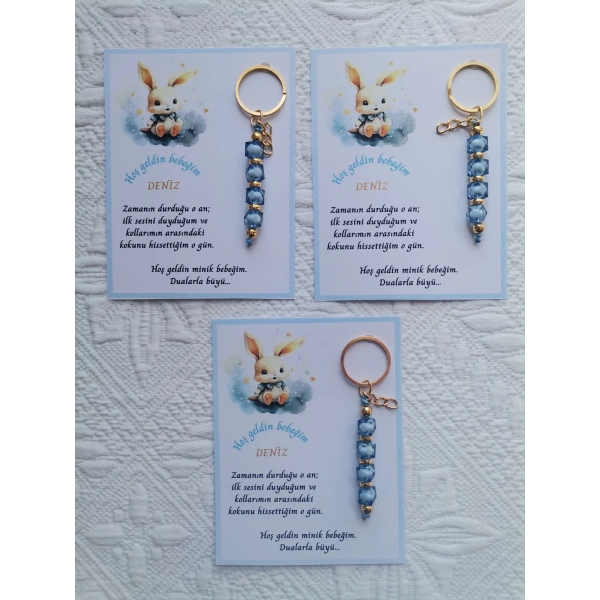 52 Adet İsme Özel Tasarım Mavi Anahtarlık Hastane Yeni Doğan 40 Mevlidi Dağıtmalık Hediyelik