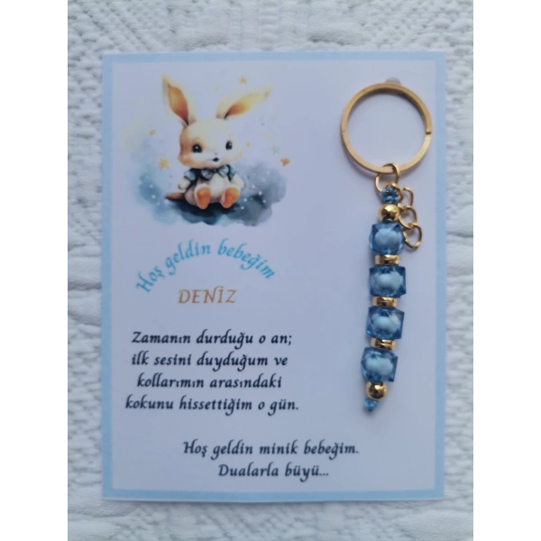 52 Adet İsme Özel Tasarım Mavi Anahtarlık Hastane Yeni Doğan 40 Mevlidi Dağıtmalık Hediyelik