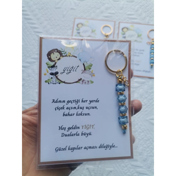 52 Adet İsme Özel Tasarım Mavi Anahtarlık Hastane Yeni Doğan 40 Mevlidi Dağıtmalık Hediyelik
