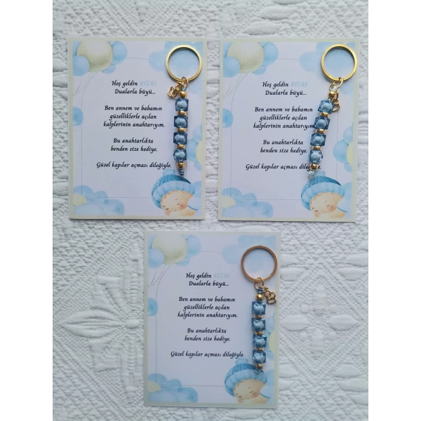 52 Adet İsme Özel Tasarım Mavi Anahtarlık Hastane Yeni Doğan 40 Mevlidi Dağıtmalık Hediyelik