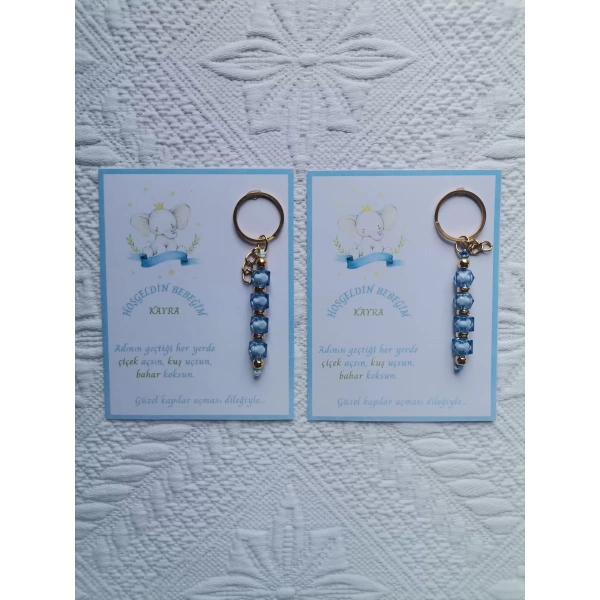 52 Adet İsme Özel Tasarım Mavi Anahtarlık Hastane Yeni Doğan 40 Mevlidi Dağıtmalık Hediyelik