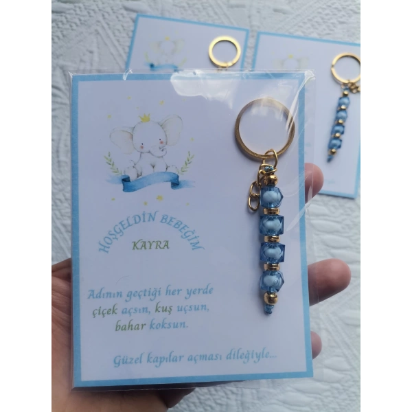 52 Adet İsme Özel Tasarım Mavi Anahtarlık Hastane Yeni Doğan 40 Mevlidi Dağıtmalık Hediyelik