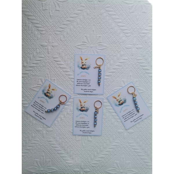 52 Adet İsme Özel Tasarım Mavi Anahtarlık Hastane Yeni Doğan 40 Mevlidi Dağıtmalık Hediyelik