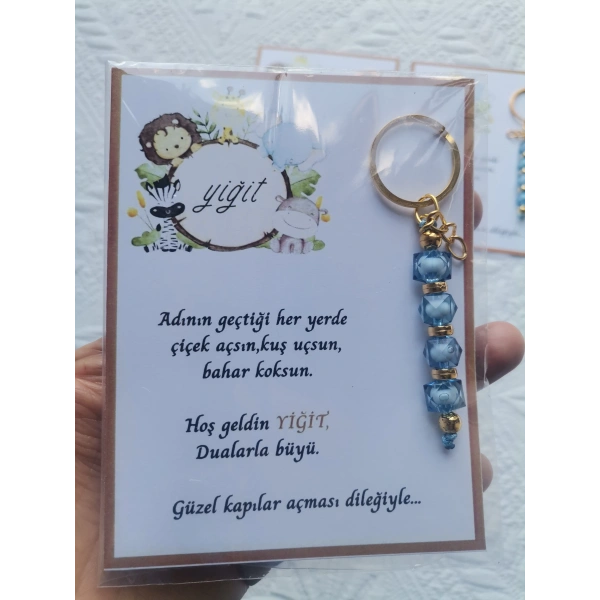 52 Adet İsme Özel Tasarım Mavi Anahtarlık Hastane Yeni Doğan 40 Mevlidi Dağıtmalık Hediyelik