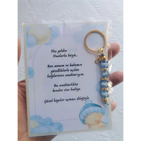 52 Adet İsme Özel Tasarım Mavi Anahtarlık Hastane Yeni Doğan 40 Mevlidi Dağıtmalık Hediyelik