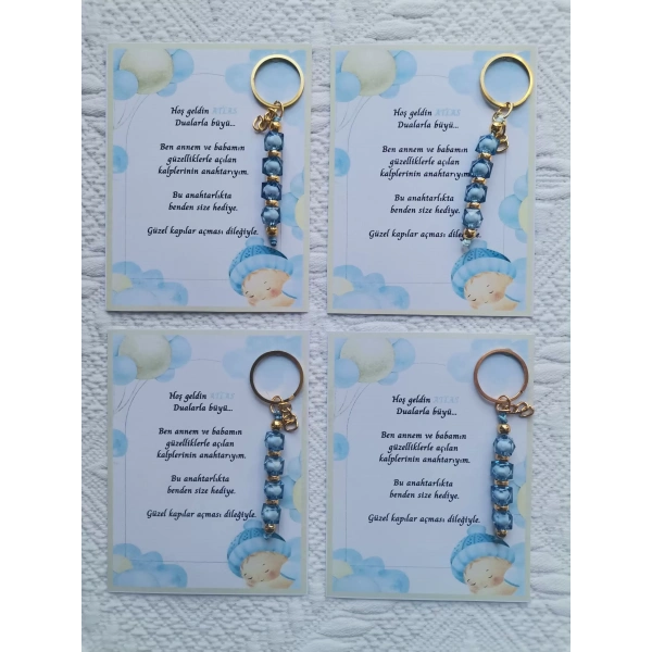 52 Adet İsme Özel Tasarım Mavi Anahtarlık Hastane Yeni Doğan 40 Mevlidi Dağıtmalık Hediyelik