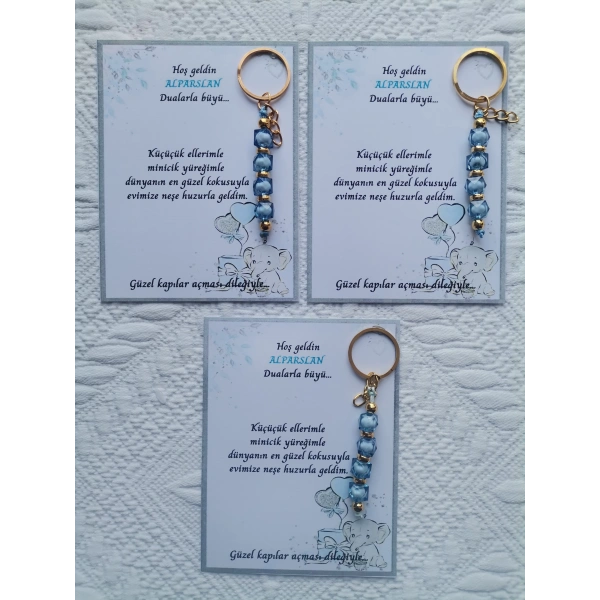 72 Adet İsme Özel Tasarım Mavi Anahtarlık Hastane Yeni Doğan 40 Mevlidi Dağıtmalık Hediyelik