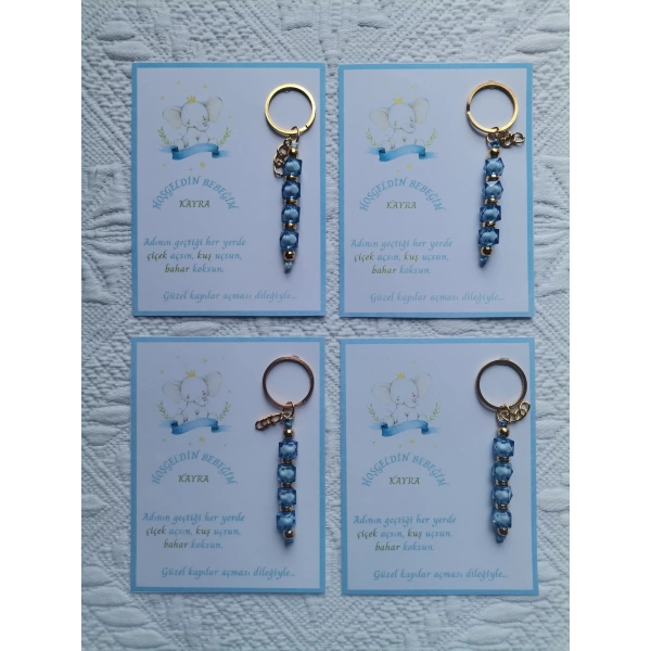 52 Adet İsme Özel Tasarım Mavi Anahtarlık Hastane Yeni Doğan 40 Mevlidi Dağıtmalık Hediyelik