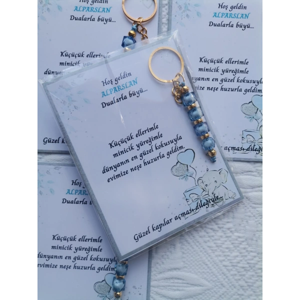 72 Adet İsme Özel Tasarım Mavi Anahtarlık Hastane Yeni Doğan 40 Mevlidi Dağıtmalık Hediyelik