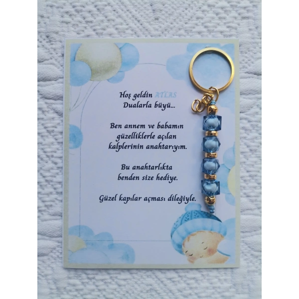 52 Adet İsme Özel Tasarım Mavi Anahtarlık Hastane Yeni Doğan 40 Mevlidi Dağıtmalık Hediyelik