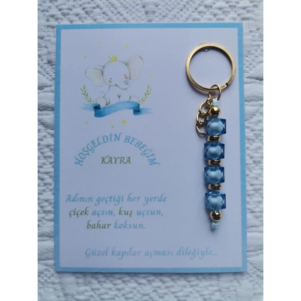 52 Adet İsme Özel Tasarım Mavi Anahtarlık Hastane Yeni Doğan 40 Mevlidi Dağıtmalık Hediyelik