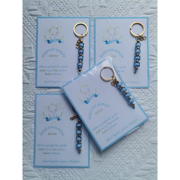 52 Adet İsme Özel Tasarım Mavi Anahtarlık Hastane Yeni Doğan 40 Mevlidi Dağıtmalık Hediyelik