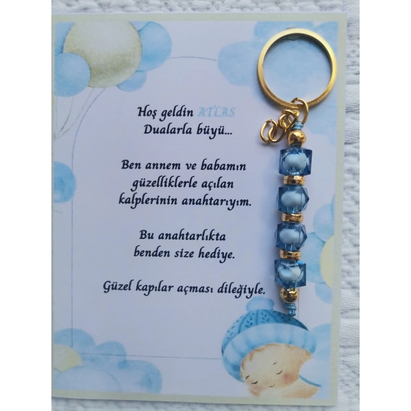 52 Adet İsme Özel Tasarım Mavi Anahtarlık Hastane Yeni Doğan 40 Mevlidi Dağıtmalık Hediyelik