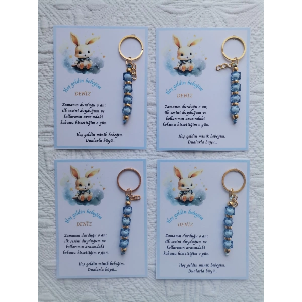 52 Adet İsme Özel Tasarım Mavi Anahtarlık Hastane Yeni Doğan 40 Mevlidi Dağıtmalık Hediyelik