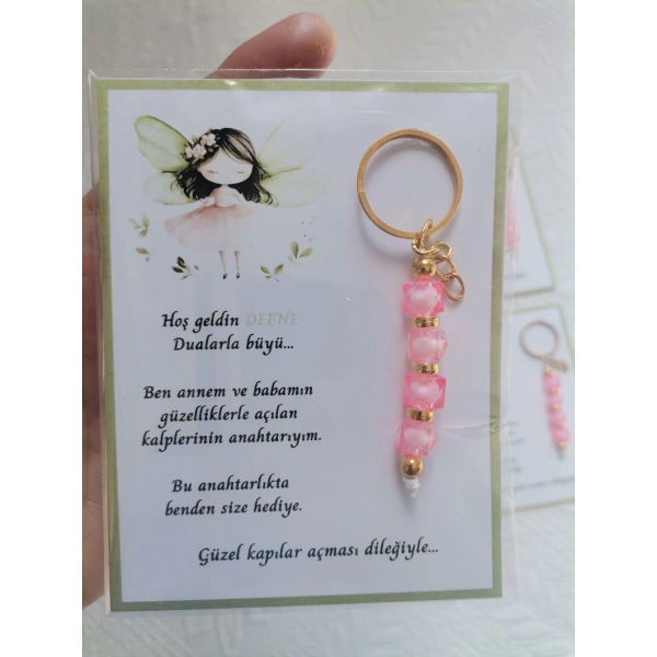 100 Adet İsme Özel Tasarım Pembe Anahtarlık Hastane Yeni Doğan 40 Mevlidi Dağıtmalık Hediyelik