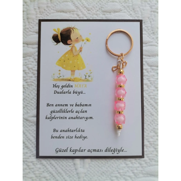 32 Adet İsme Özel Tasarım Pembe Anahtarlık Hastane Yeni Doğan 40 Mevlidi Dağıtmalık Hediyelik