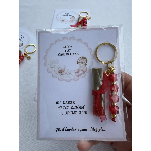 64 Adet Kişiye Özel 6 Ay Kına Hatırası Kırmızı Anahtarlık ve Paketlenmiş Kına Dağıtmalık Hediyelik