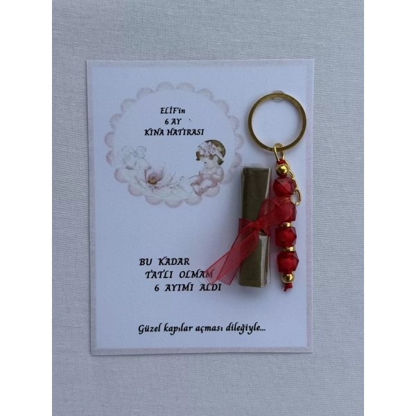 64 Adet Kişiye Özel 6 Ay Kına Hatırası Kırmızı Anahtarlık ve Paketlenmiş Kına Dağıtmalık Hediyelik