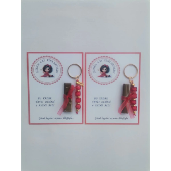 32 Adet Kişiye Özel 6 Ay Kına Hatırası Kırmızı Anahtarlık ve Paketlenmiş Kına Dağıtmalık Hediyelik