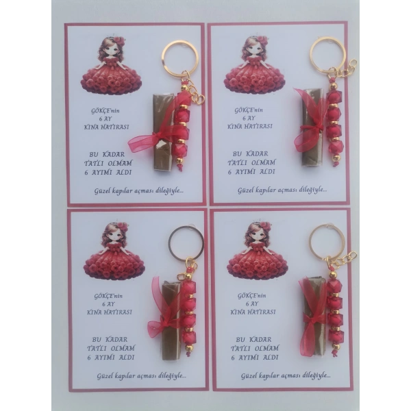 64 Adet Kişiye Özel 6 Ay Kına Hatırası Kırmızı Anahtarlık ve Paketlenmiş Kına Dağıtmalık Hediyelik